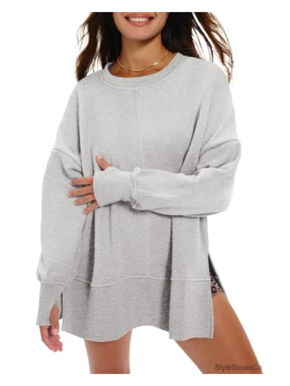 Oversized Fleece Sweatshirt Women Crewneck Side Slit Long Sleeve Winter Warm